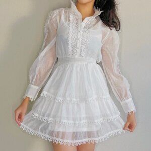 Angelic White Long Sleeve Lace Detail Mini Skater Dress